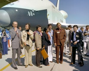 EC76 5806	
9/17/76	
Dr. Fletcher and Star Trek actors at Enterprise rollout